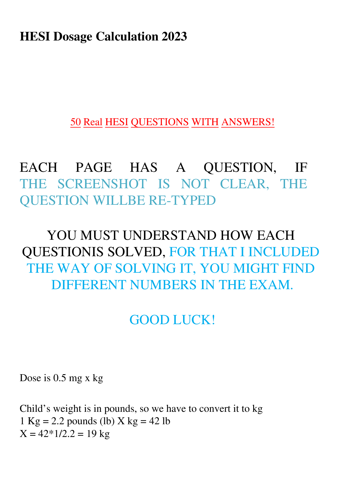 Preview image for HESI Dosage Calculation 2023 Latest Update